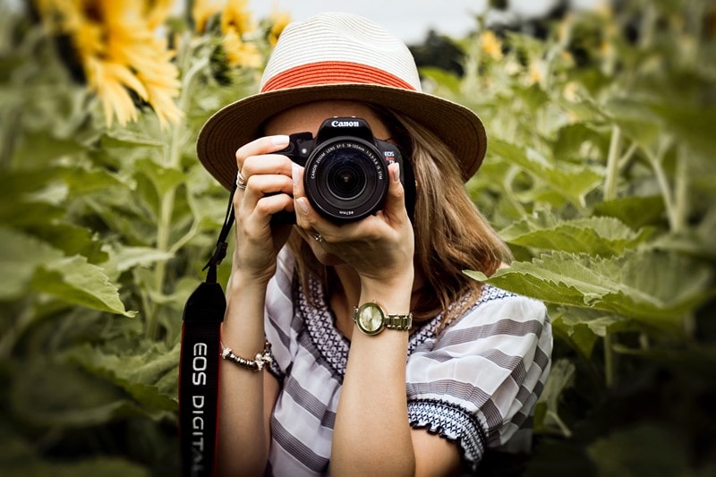 Fotografin in Sonneblumen Feld