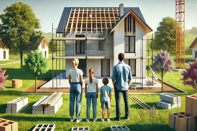 Familie blickt auf die Baustelle ihres neues Hauses.