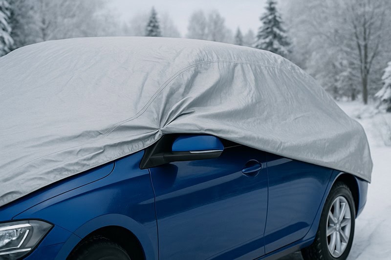 Auto mit Autoabdeckung im Winter