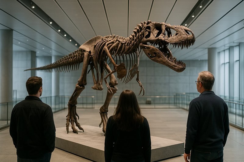Menschen betrachten Dinosaurierskelett in moderner Ausstellung