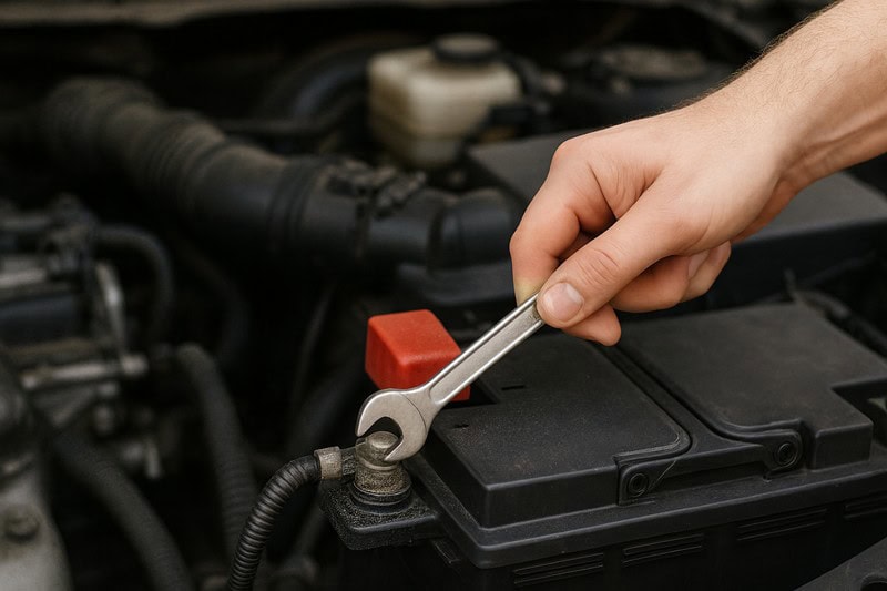 Mann schraubt an einer Autobatterie