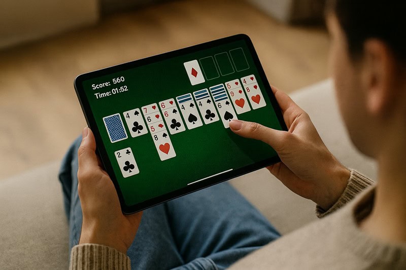 Mann spielt Solitär auf Tablet