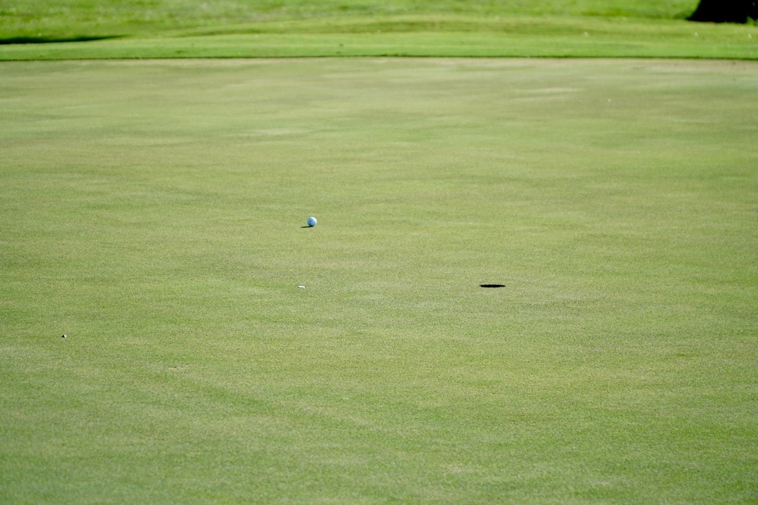Golfgrün mit Golfball nahe Loch